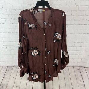 Figueroa and Flower Brown Sheer Button Down Embroidered Flowers Size Large